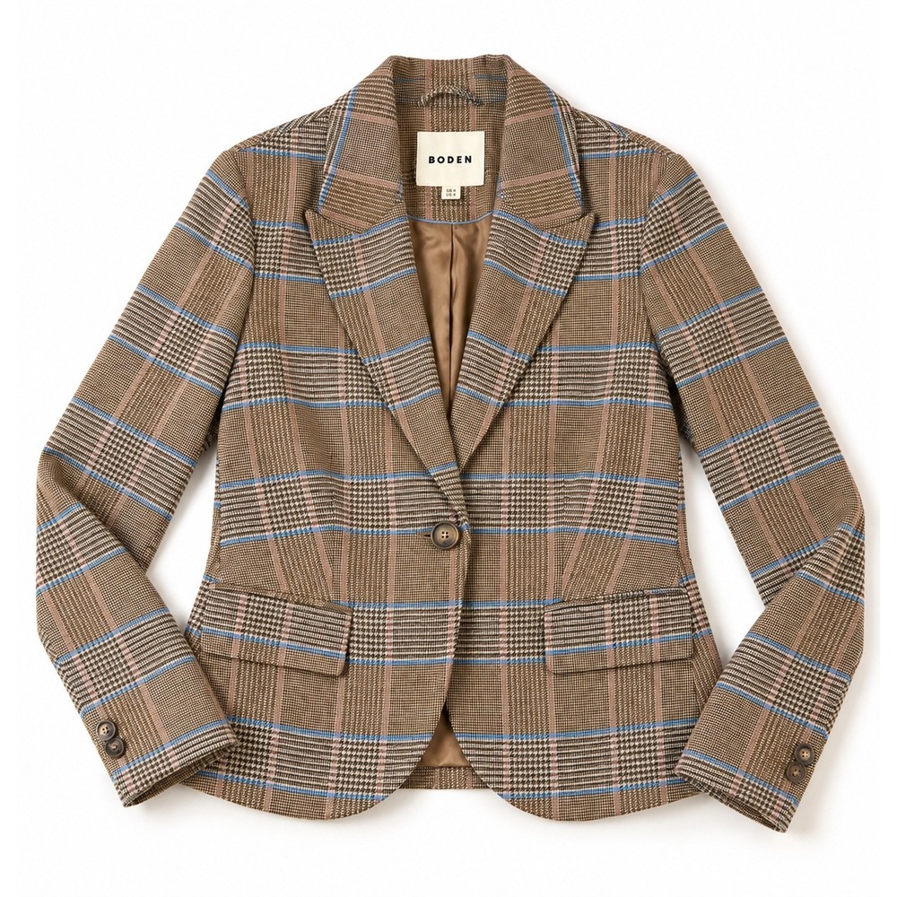 Boden Brown Glen Plaid Wool Blend Blazer Jacket Blue Pink Accents Size US 4R